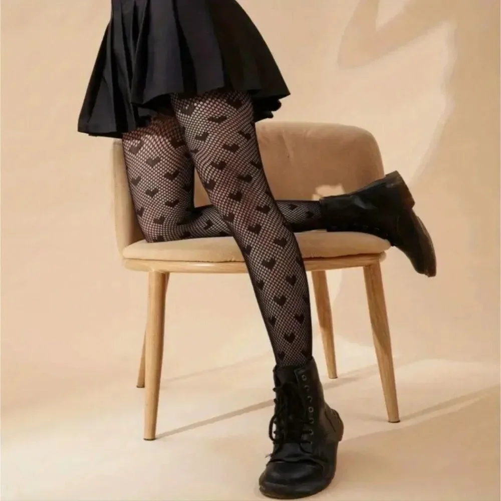 Heart pattern fishnet stockings hosiery sexy grunge accessory